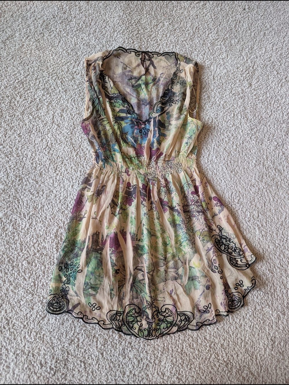 Floral Sheer Beige Mini Dress with Embroidered Trim